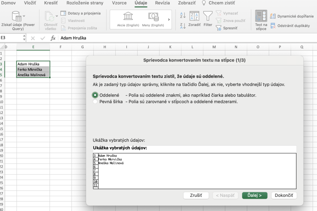 MS Excel: Rozdelenie textu do stĺpcov
