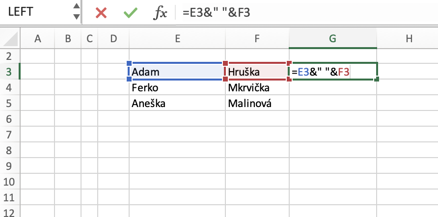 MS Excel: Spájanie dvoch buniek do jednej