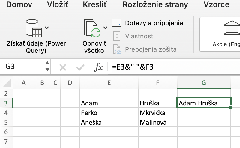 Spojený text z dvoch buniek do jednej v MS  Excel