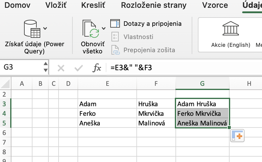 Výsledok spájania buniek v MS Excel